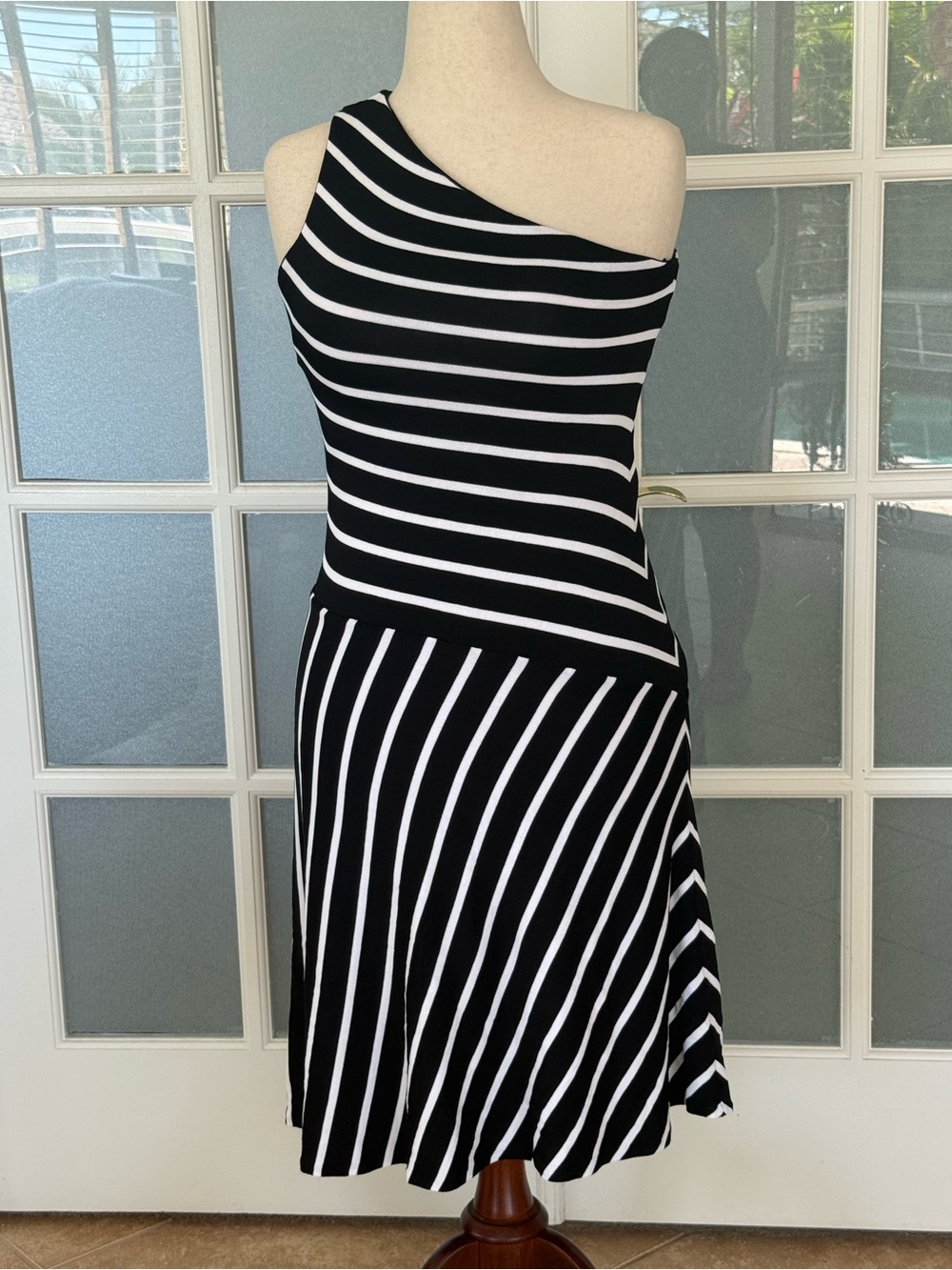 Lauren Ralph Lauren One Shoulder Striped Dress Black White Nautical Size Small